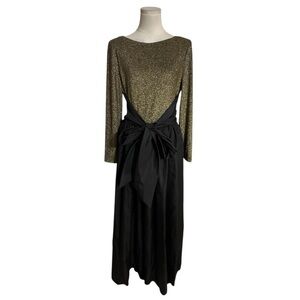 VTG En Francais Huey Waltzer Black Metallic Gold Satin Long Formal Gown Dress 12